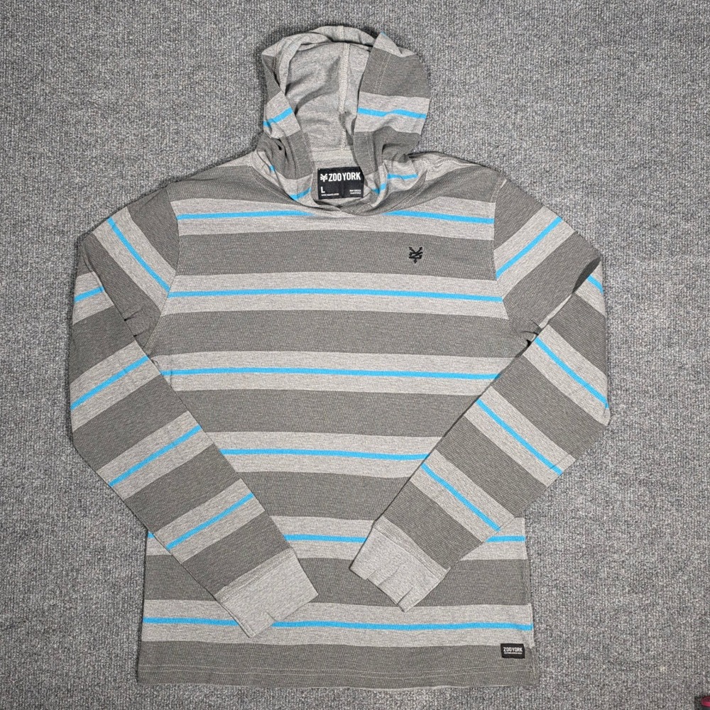 Zoo York Mens Large Grey Blue Striped Thermal Hoodie Long Sleeve Shirt L